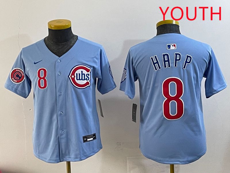 Youth Chicago Cubs 8 Happ Light Blue Throwback 2025 Nike MLB Jersey style 2